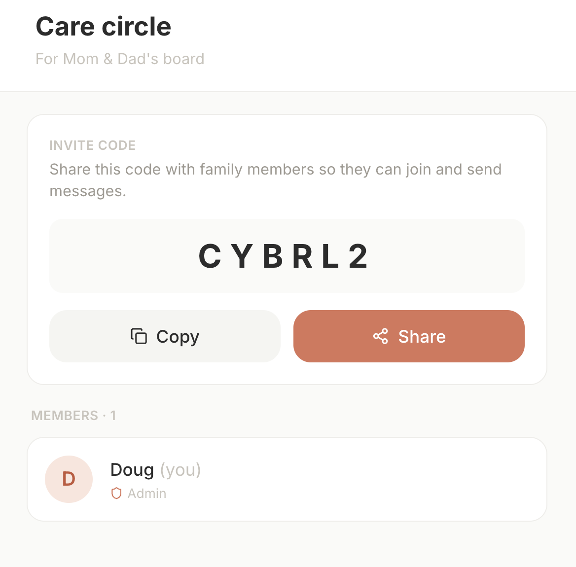 Hi Mom app showing the care circle with family members and invite code