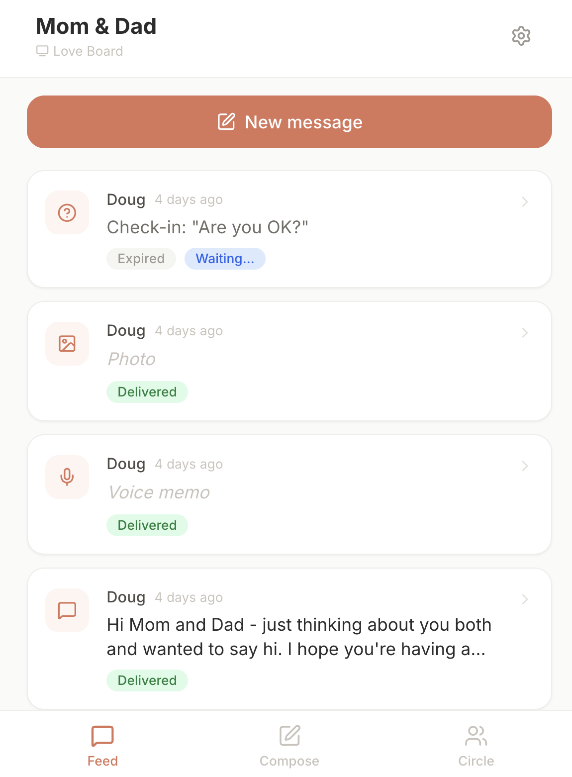 Hi Mom app showing the message feed with recent messages from family members