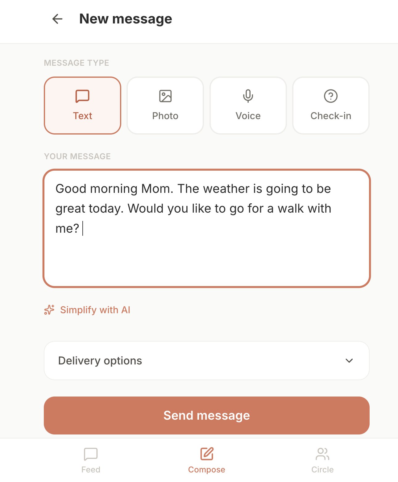 Hi Mom app showing the compose screen with text, photo, voice, and check-in options